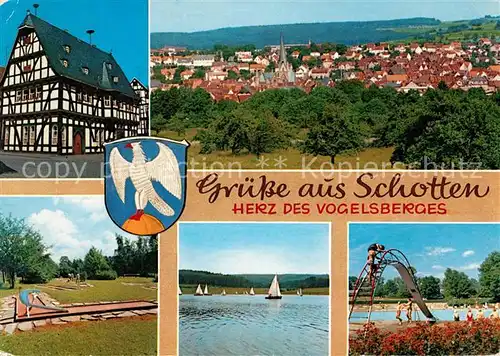 AK / Ansichtskarte Schotten_Hessen Fachwerkhaus Minigolf Segeln Freibad Stadtpanorama Schotten Hessen