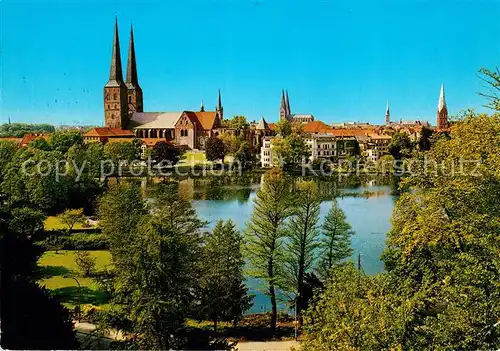 AK / Ansichtskarte Luebeck Muehlenteich mit Dom und Tuermen der Stadt Luebeck