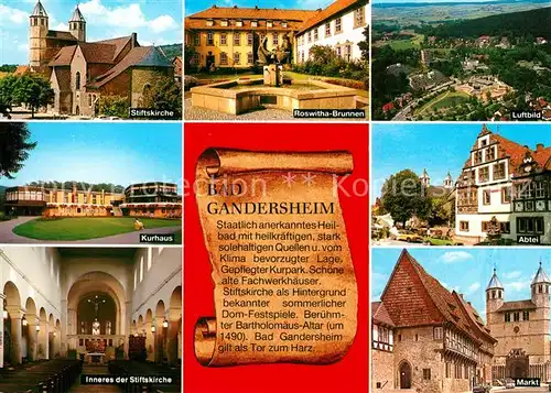 AK / Ansichtskarte Bad_Gandersheim Stiftskirche Roswitha Brunnen Kurhaus Markt Abtei Chronik Bad_Gandersheim