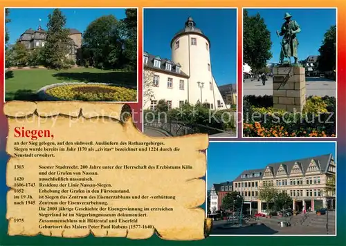 AK / Ansichtskarte Siegen_Westfalen Schloss Denkmal Statue Innenstadt Chronik Siegen_Westfalen