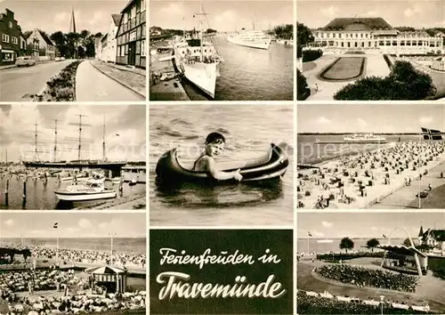 AK / Ansichtskarte Travemuende_Ostseebad Ortspartie Hafen Faehre Segelschiff Strand Konzertpavillon Casino Schlauchboot Travemuende_Ostseebad