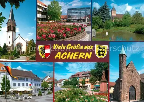 AK / Ansichtskarte Achern_Baden Kirche Teilansichten Innenstadt Denkmal Nikolauskapelle Schwanenteich Wappen Achern_Baden