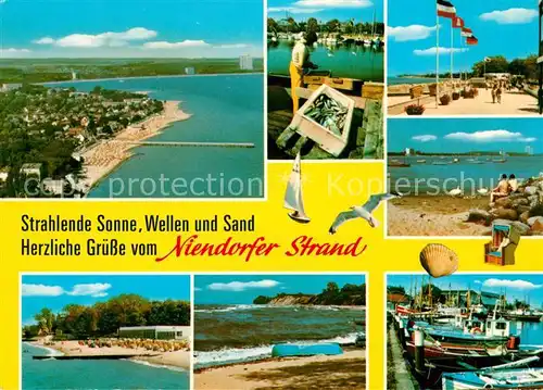 AK / Ansichtskarte Niendorf_Ostseebad Strand Promenade Fischer Fischkutter Fliegeraufnahme Niendorf_Ostseebad