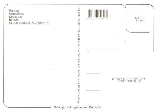 AK / Ansichtskarte Bad_Salzungen Rathaus Gradierwerk Stadtkirche Burgsee Solezerstaeubung im Gradierwerk Chronik Bad_Salzungen