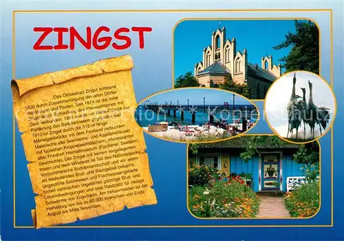 AK / Ansichtskarte Zingst_Ostseebad Strand Seebruecke Typische Haeuser Kraniche Kirche Chronik Zingst_Ostseebad