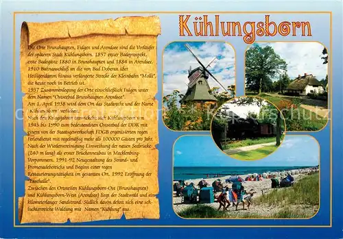 AK / Ansichtskarte Kuehlungsborn_Ostseebad Windmuehle Reetdachhaus Dampflokomotive Strand Chronik Kuehlungsborn_Ostseebad