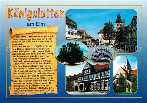 AK / Ansichtskarte Koenigslutter_Elm Ortsmotiv mit Kirche Fachwerkhaus Alter Baum Relief Chronik Koenigslutter Elm