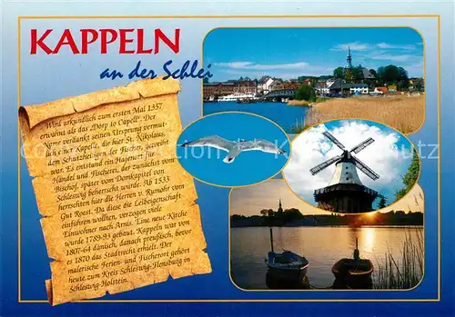 AK / Ansichtskarte Kappeln_Schlei Ortsmotiv mit Kirche Moewe Windmuehle Sonnenuntergang Chronik Kappeln_Schlei