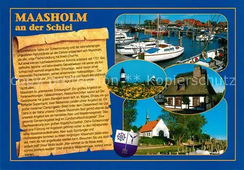 AK / Ansichtskarte Maasholm Schleif Hafen Leuchtturm Reetdachhaus Kirche Chronik Maasholm