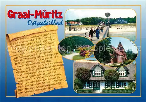 AK / Ansichtskarte Graal Mueritz_Ostseebad Seebruecke Strand Promenade Reetdachhaus Chronik Graal Mueritz_Ostseebad
