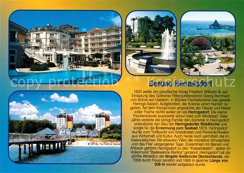 AK / Ansichtskarte Heringsdorf_Ostseebad_Usedom Hotel Brunnen Konzertpavillon Seebruecke Strand Chronik Heringsdorf_Ostseebad