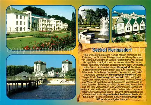 AK / Ansichtskarte Heringsdorf_Ostseebad_Usedom Hotels Brunnen Seebruecke Strand Chronik Heringsdorf_Ostseebad