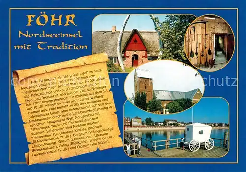 AK / Ansichtskarte Insel_Foehr Reetdachhaus Kirche Alter Badewagen Seebruecke Strand Chronik Insel_Foehr