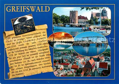 AK / Ansichtskarte Greifswald Hafen Turm Zugbruecke Stadtpanorama Uhr Chronik Greifswald