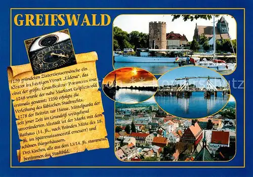 AK / Ansichtskarte Greifswald Hafen Turm Zugbruecke Stadtpanorama Uhr Chronik Greifswald