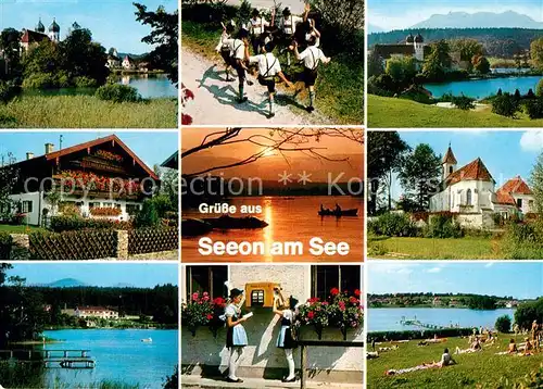 AK / Ansichtskarte Seeon Seebruck Kloster Kirche Klostersee Badestrand Trachten Volkstanz Abendstimmung am See Seeon Seebruck