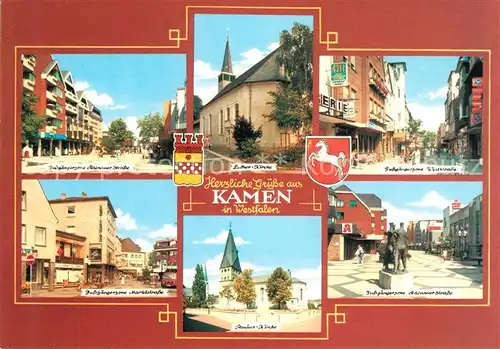 AK / Ansichtskarte Kamen_Westfalen Fussgaengerzone Kirche Denkmal Kamen_Westfalen