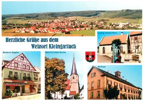 AK / Ansichtskarte Kleingartach Panorama Weinort Ludwig Uhland Platz Baeckerei Martin Luther Kirche Rathaus Kleingartach
