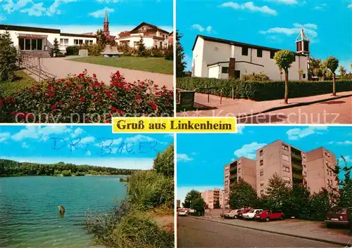 AK / Ansichtskarte Linkenheim Hochstetten Ortsmotive mit Kirche Wohnblock Hochhaus See Linkenheim Hochstetten