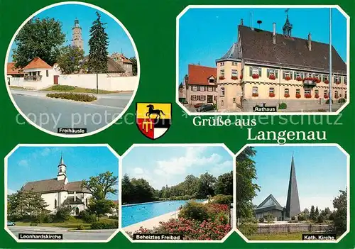 AK / Ansichtskarte Langenau_Wuerttemberg Freihaeusle Rathaus Loenhardskirche Freibad Kirche Langenau Wuerttemberg