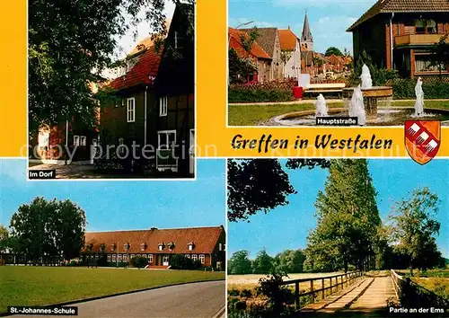 AK / Ansichtskarte Greffen Hauptstrasse Brunnen Dorfmotiv Partie an der Ems Bruecke Schule Greffen