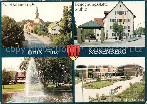 AK / Ansichtskarte Sassenberg Von Galen Strasse Kirche Begegnungsstaette Muehle Stadtpark Fontaene Altenzentrum Sassenberg