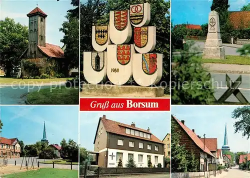 AK / Ansichtskarte Borsum_Hildesheim Ortsmotive mit Kirche Gedenkstein Wappen Borsum Hildesheim