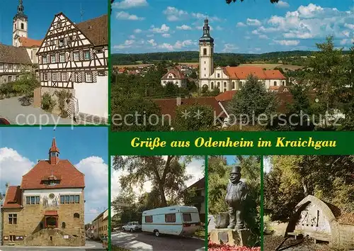 AK / Ansichtskarte Odenheim Pfarrkirche St Michael Amtshaus Rathaus Kraichgau Camping Wackerhof Linsabauch Statue Siegfriedsbrunnen Odenheim
