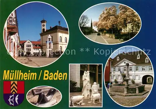 AK / Ansichtskarte Muellheim_Baden Marktplatz Skulpturen Plastiken Brunnen Hauptstrasse Wappen Muellheim_Baden