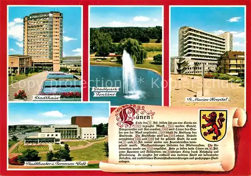 AK / Ansichtskarte Luenen Stadthaus Stadtpark Fontaene Marien Hospital Stadttheater Chronik Luenen