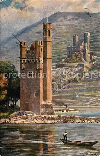 AK / Ansichtskarte Bingen_Rhein Maeuseturm Burg Ehrenfels Kuenstlerkarte Bingen Rhein