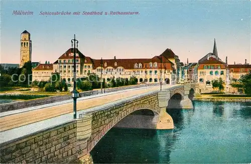 AK / Ansichtskarte Muelheim_Ruhr Schlossbruecke Stadtbad Rathausturm Muelheim Ruhr