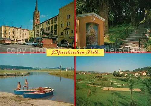 AK / Ansichtskarte Pfarrkirchen_Niederbayern Platz Kirche Wimmer Ross Pferdestatue Gnadenbild Badestrand Minigolf Landschaftspanorama Pfarrkirchen Niederbayern