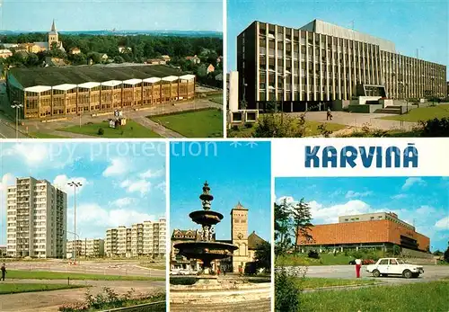 AK / Ansichtskarte Karvina Teilansichten Gebaeude Brunnen Wohnsiedlung Hochhaeuser Karvina