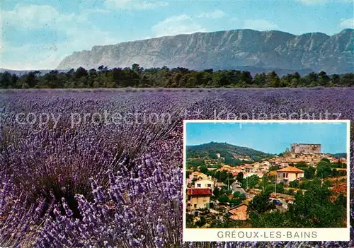 AK / Ansichtskarte Greoux les Bains Landschaftspanorama Lavendelfelder Berge Ortsansicht mit Burg Greoux les Bains