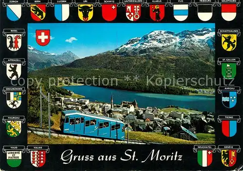AK / Ansichtskarte St_Moritz_GR Panorama St Moritzersee Alpen Bergbahn Wappen St_Moritz_GR