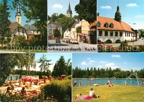 AK / Ansichtskarte Schwarzenbach_Saale Ortsmotiv mit Kirche Restaurant Terrasse Badesee Schwarzenbach_Saale