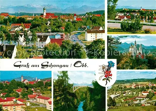 AK / Ansichtskarte Schongau Stadtpanorama Alpen Schloss Neuschwanstein Bruecke Schongau