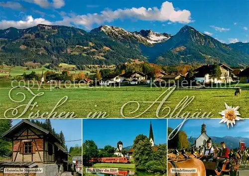 AK / Ansichtskarte Fischen_Allgaeu Panorama Allgaeuer Alpen Historische Saegemuehle Wendelinusritt Tradition Partie an der Iller Fischen Allgaeu