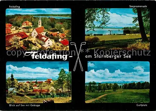 AK / Ansichtskarte Feldafing Ortsansicht mit Kirche Seepromenade Starnberger See Golfplatz Alpenpanorama Feldafing