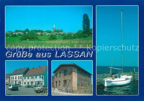 AK / Ansichtskarte Lassan Blick auf den Ort Markt Muehle Hafen Segelboot Lassan