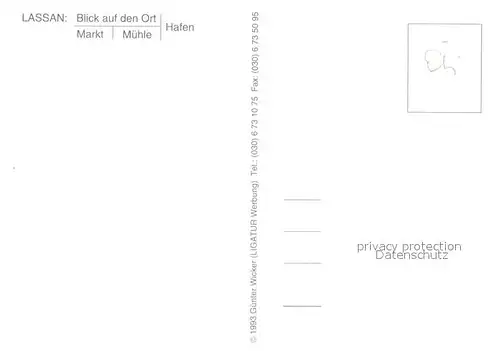 AK / Ansichtskarte Lassan Blick auf den Ort Markt Muehle Hafen Segelboot Lassan