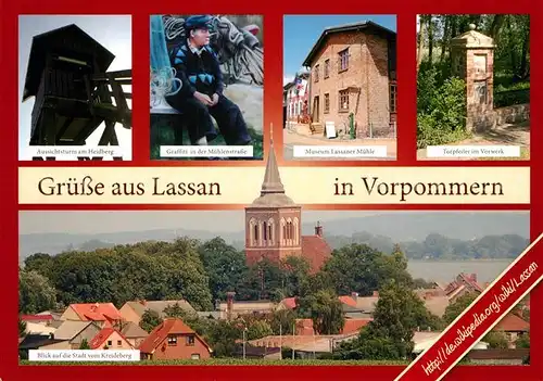AK / Ansichtskarte Lassan Aussichtsturm Heidberg Graffiti Museum Lasssaner Muehle Torpfeiler Vorwerk Stadtbild vom Kreideberg mit Kirche Lassan