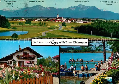 AK / Ansichtskarte Eggstaett_Oberbayern Panorama mit Hochfelln und Hochgern Chiemgauer Alpen Blumenschmuck Strandbad Hartsee Eggstaett_Oberbayern