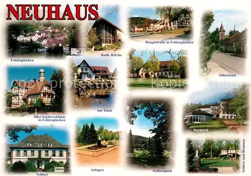 AK / Ansichtskarte Neuhaus_Solling Fohlenplacken Fachwerkhaus Schloss Anlagen Park Kurklinik Haus des Gastes Silberhorn Kirche Teich Neuhaus Solling