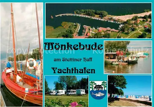 AK / Ansichtskarte Moenkebude Yachthafen Campingplatz Strand Stettinger Haff Fliegeraufnahme Moenkebude