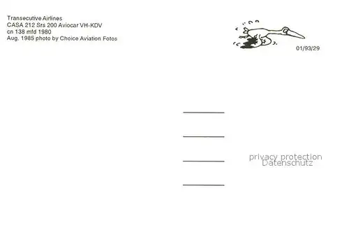AK / Ansichtskarte Flugzeuge_Zivil Transecutive Airlines CASA 212 Srs 200 Aviocar VH KDV  Flugzeuge Zivil