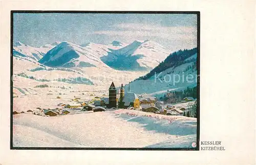 AK / Ansichtskarte Kitzbuehel_Tirol Kirche Panorama Kuenstlerkarte Kessler Kitzbuehel Tirol