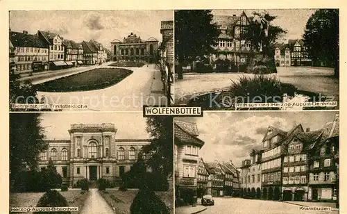 AK / Ansichtskarte Wolfenbuettel Saarplatz Trinitatiskirche Rathaus Herzog August Denkmal und Bibliothek Krambuden Wolfenbuettel