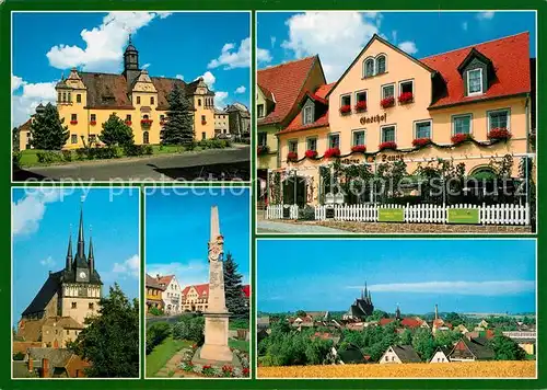 AK / Ansichtskarte Lommatzsch Historischer Gasthof Goldene Sonne Ortsansicht mit Kirche Postmeilensaeule Lommatzsch